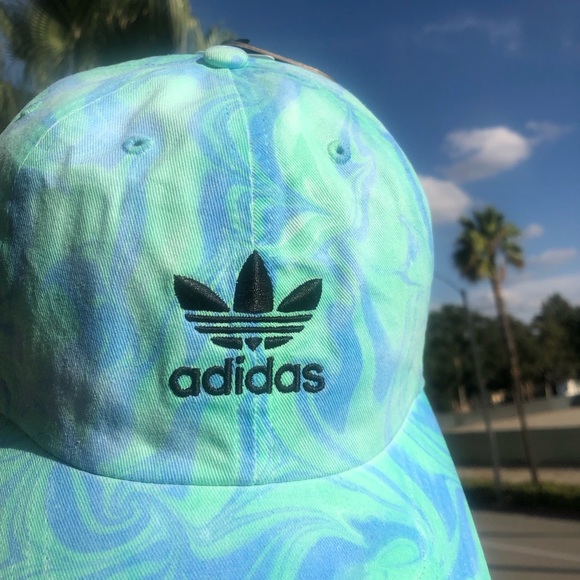 adidas Originals Marble Trefoil Logo Adjustable Baseball Hat Blue Green NEW - Picture 2 of 7